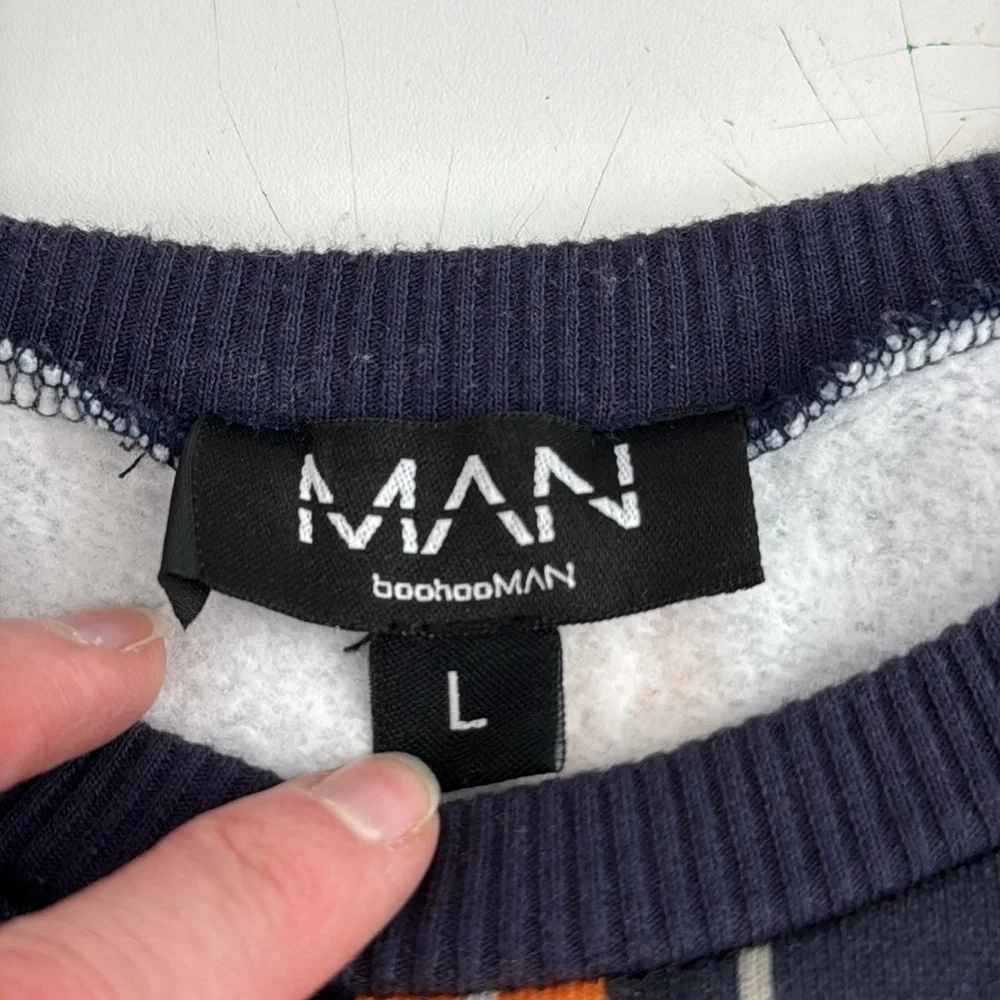 Boohoo Man Men's Navey Sweatshirt with Orange Vertical Stripes - Picture 4 of 10